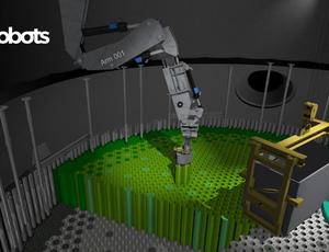 Bras robotique industriel manipulant des composants verts dans une cellule