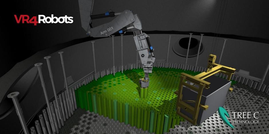 Bras robotique industriel manipulant des composants verts dans une cellule