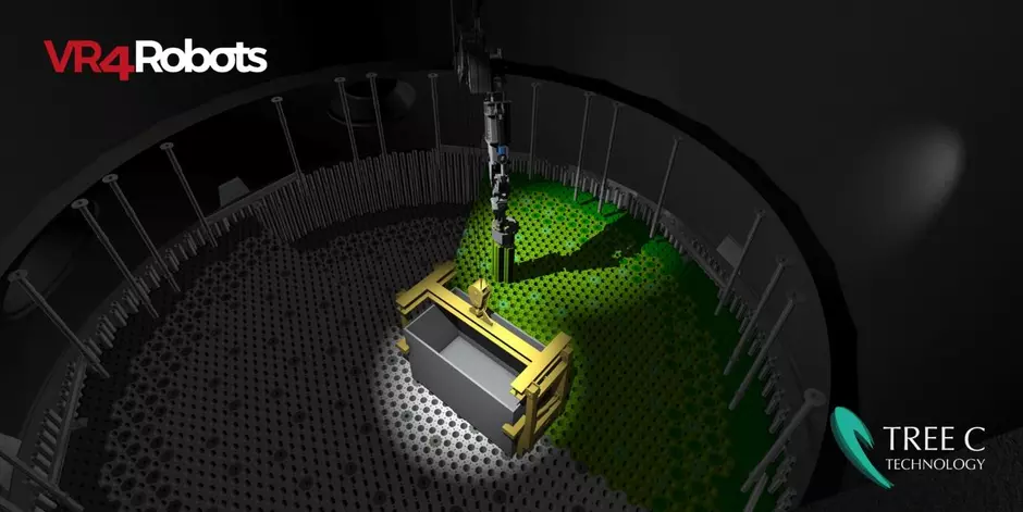 Robot industriel assemblant des pièces vertes dans une cellule automatisée