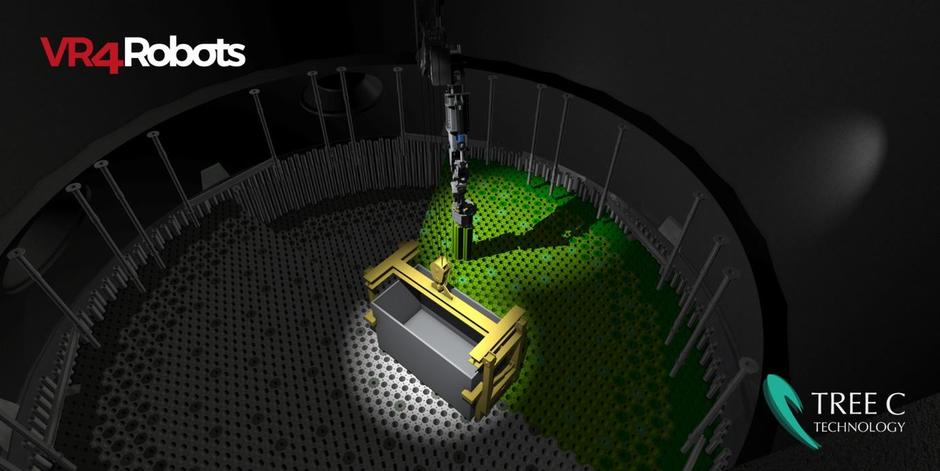 Robot industriel assemblant des pièces vertes dans une cellule automatisée