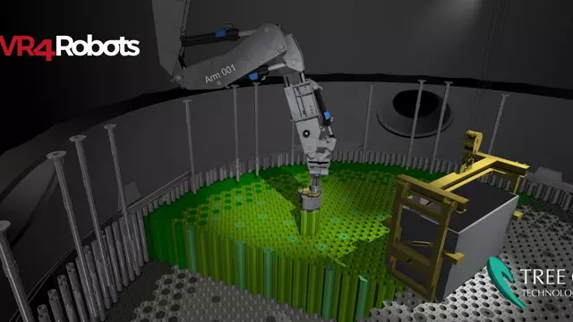 Bras robotique industriel manipulant des composants verts dans une cellule