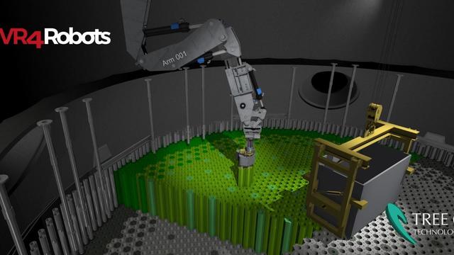Bras robotique industriel manipulant des composants verts dans une cellule